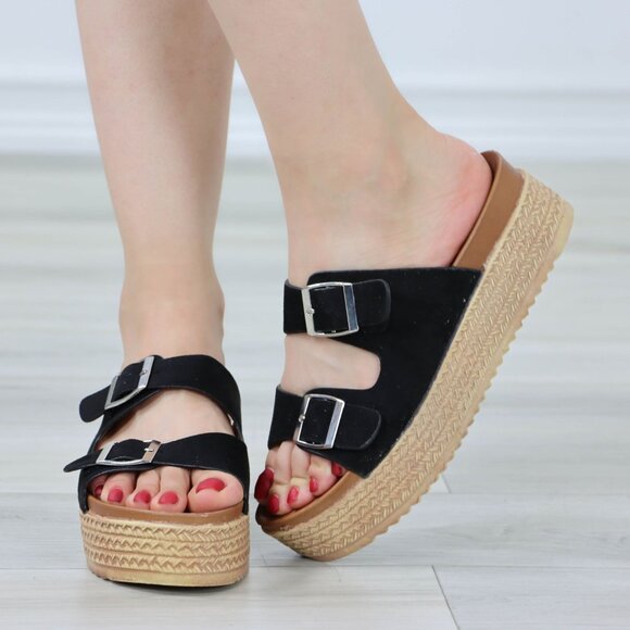 Suede Black Double Straps Comfort Platform Sandal Slip On Sliders - Picture 1 of 12